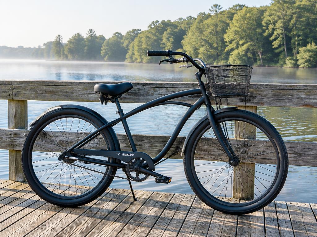 Black cruiser bike with basket on a wooden dock