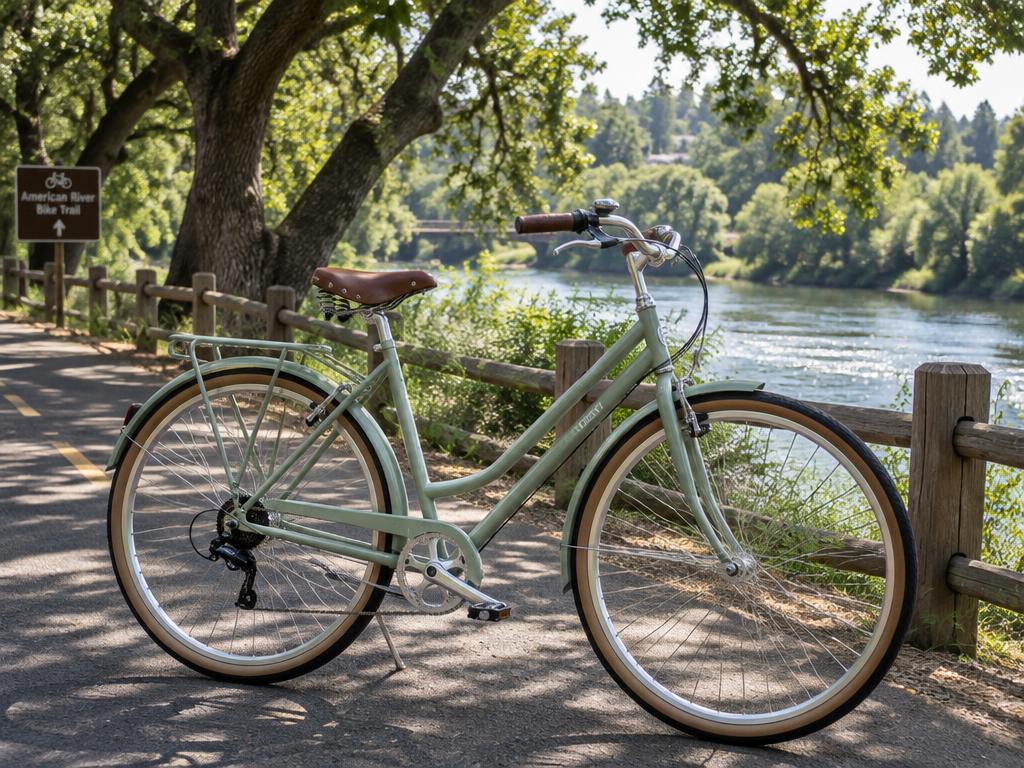 Sage green comfort bike on the American River bike trail