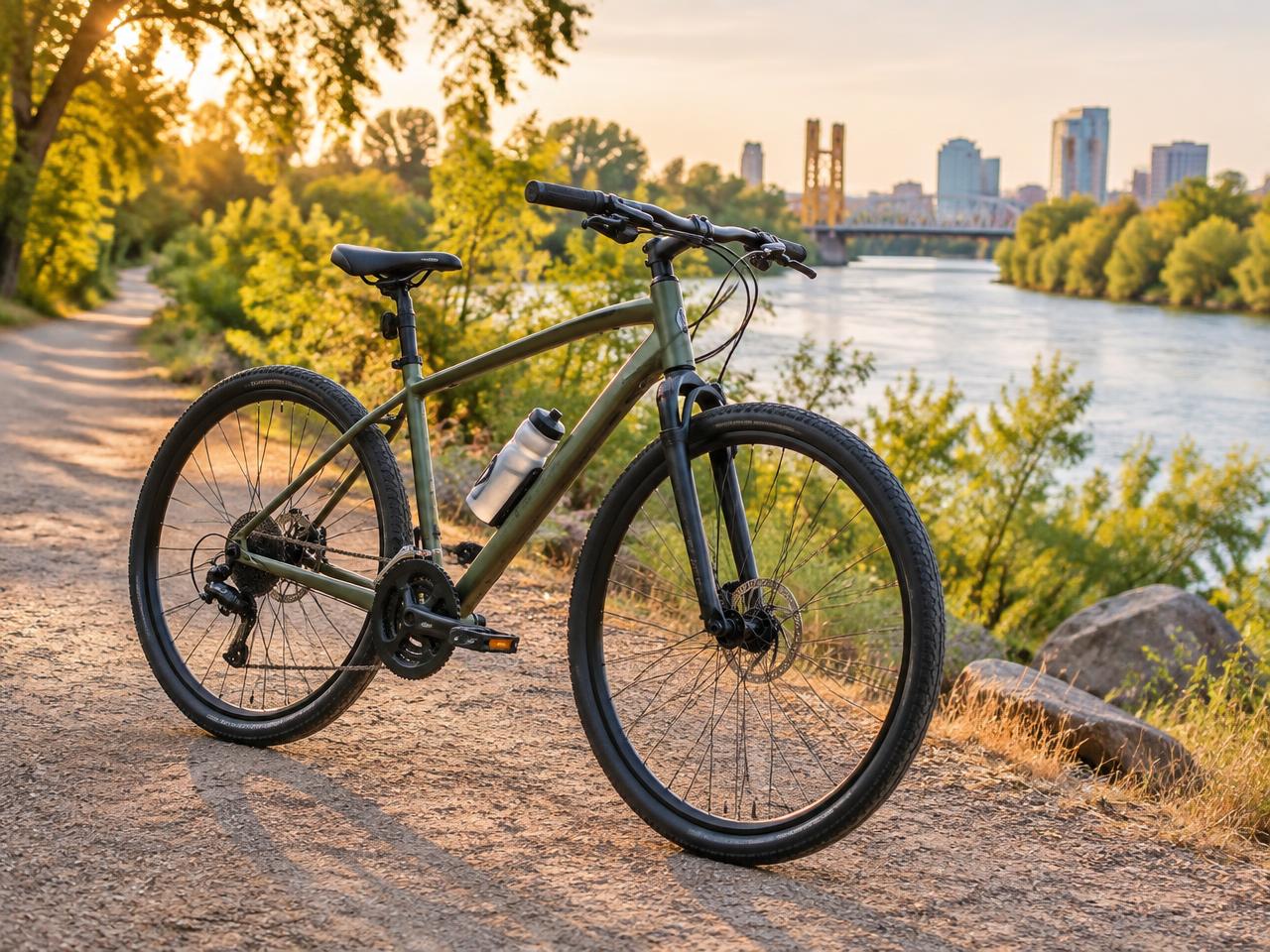 Green hybrid bike beside the Sacramento River trail