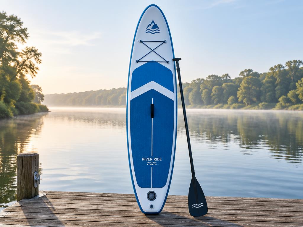 Blue paddle board standing on a wooden dock