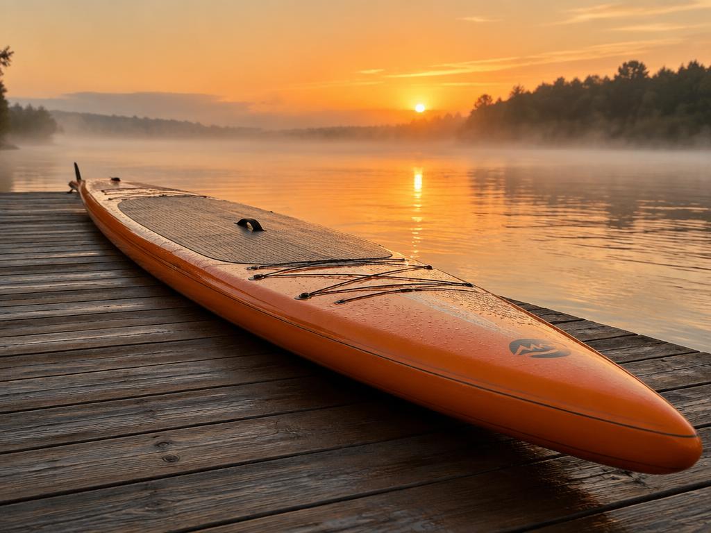 Orange touring paddle board on a dock at sunrise