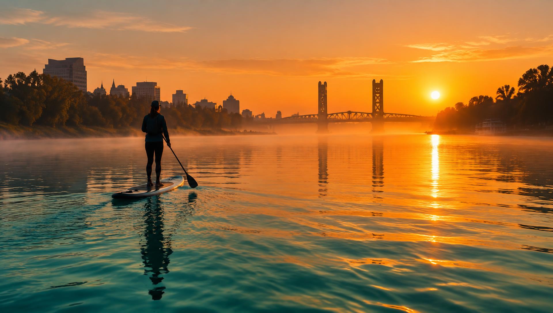 Paddle boarder on the Sacramento River at golden hour with Tower Bridge in the distance